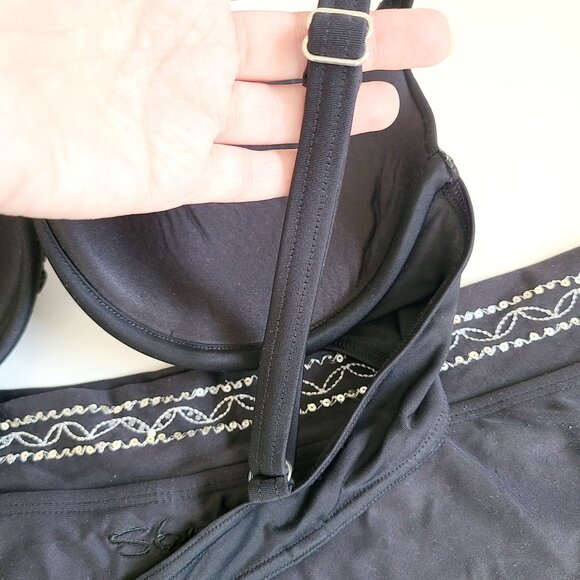 Swimsuit Top & Skirted Bottom Set Black Beaded Embroidered Padded Underwire - Picture 13 of 16